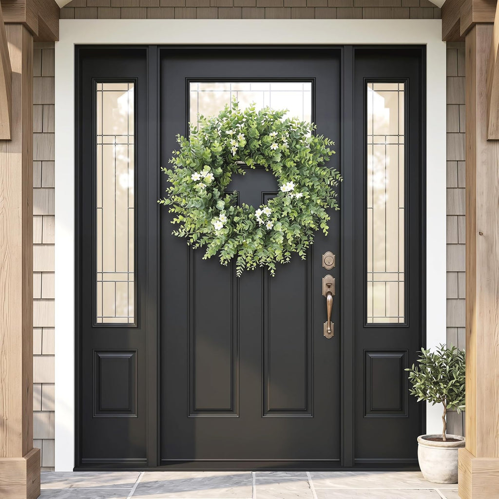 24" Large Eucalyptus Wreath for Front Door - All Season Artificial Greenery Wreath with White & Yellow Blossoms
