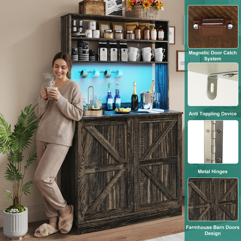 63" H Pantry Cabinets with 10 Gallon Trash Can, Led Light, Outlet, 35" W Kitchen Hutch with Tilt Out Trash Can