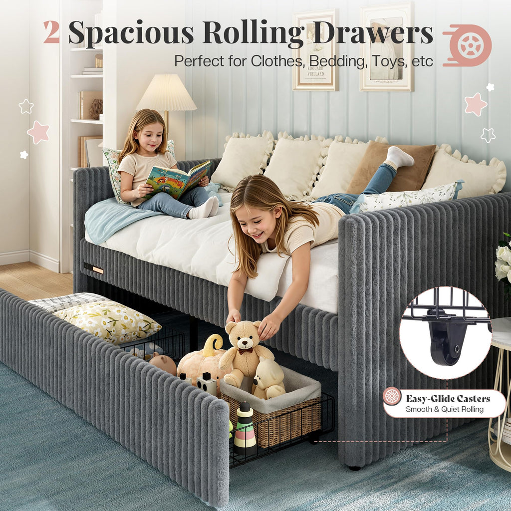 Twin Daybed with Storage Drawers, Corduroy Upholstered, Grey