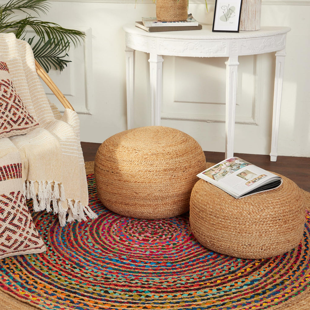 Jute Circular Pouf Ottoman Foot Stool - Jute Natural, Set of 2