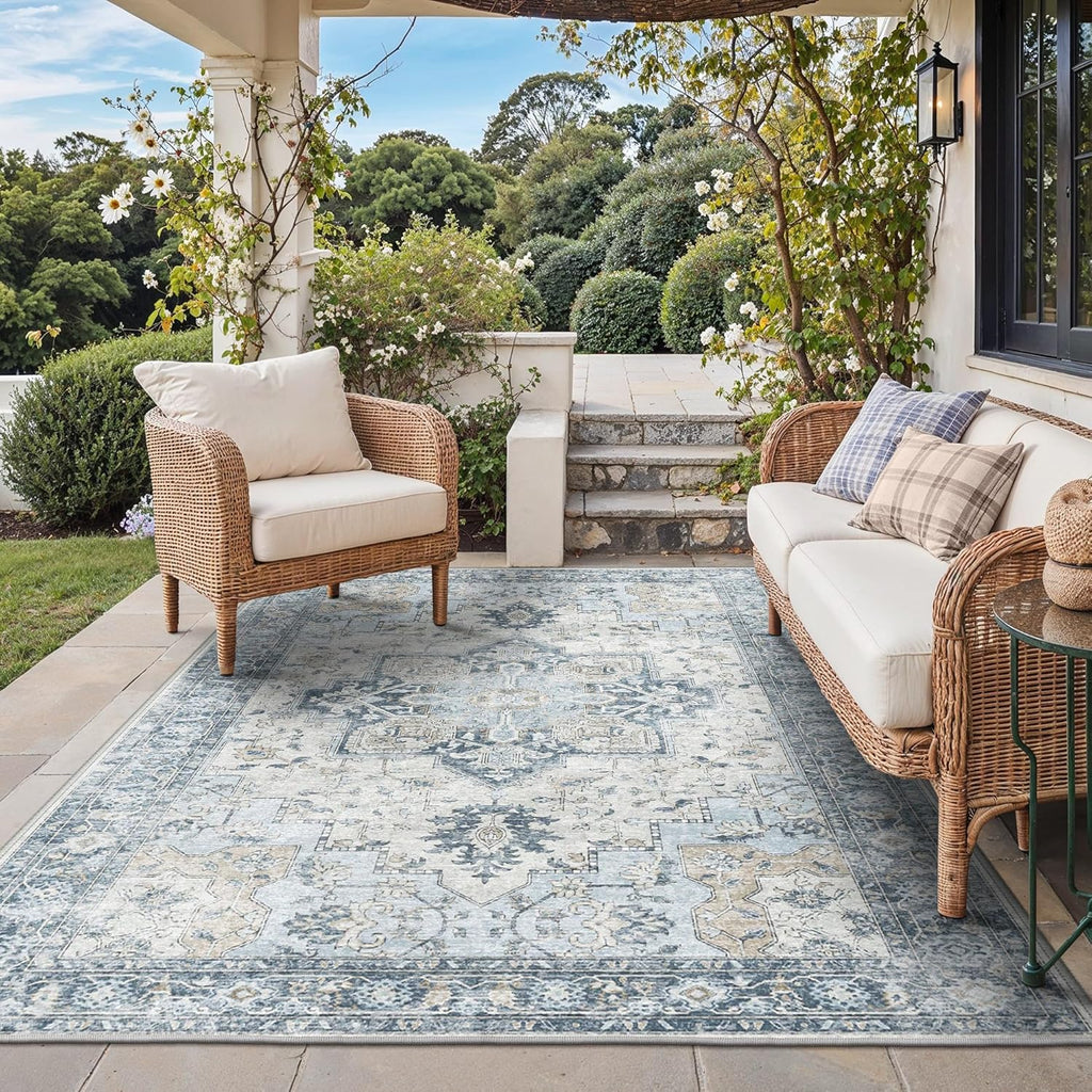 Outdoor & Indoor Area Rug 5'x8', Waterproof, Non-Shedding, Easy Cleaning, Boho Mat for Patio, Living