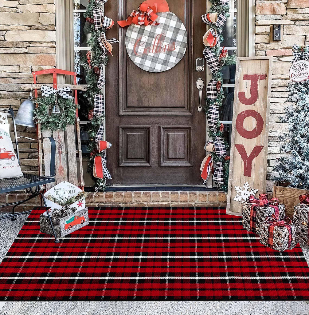 Christmas Outdoor Rugs 24 x 51''Black Red Buffalo Plaid Front Porch Rug Hand-Woven Machine Washable Indoor/Outdoor
