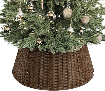 Wicker Christmas Tree Collar for 7.5 ft Trees, 28 Inch Woven Xmas Tree Skirt, Stylish Rustic Farmhouse Basket for