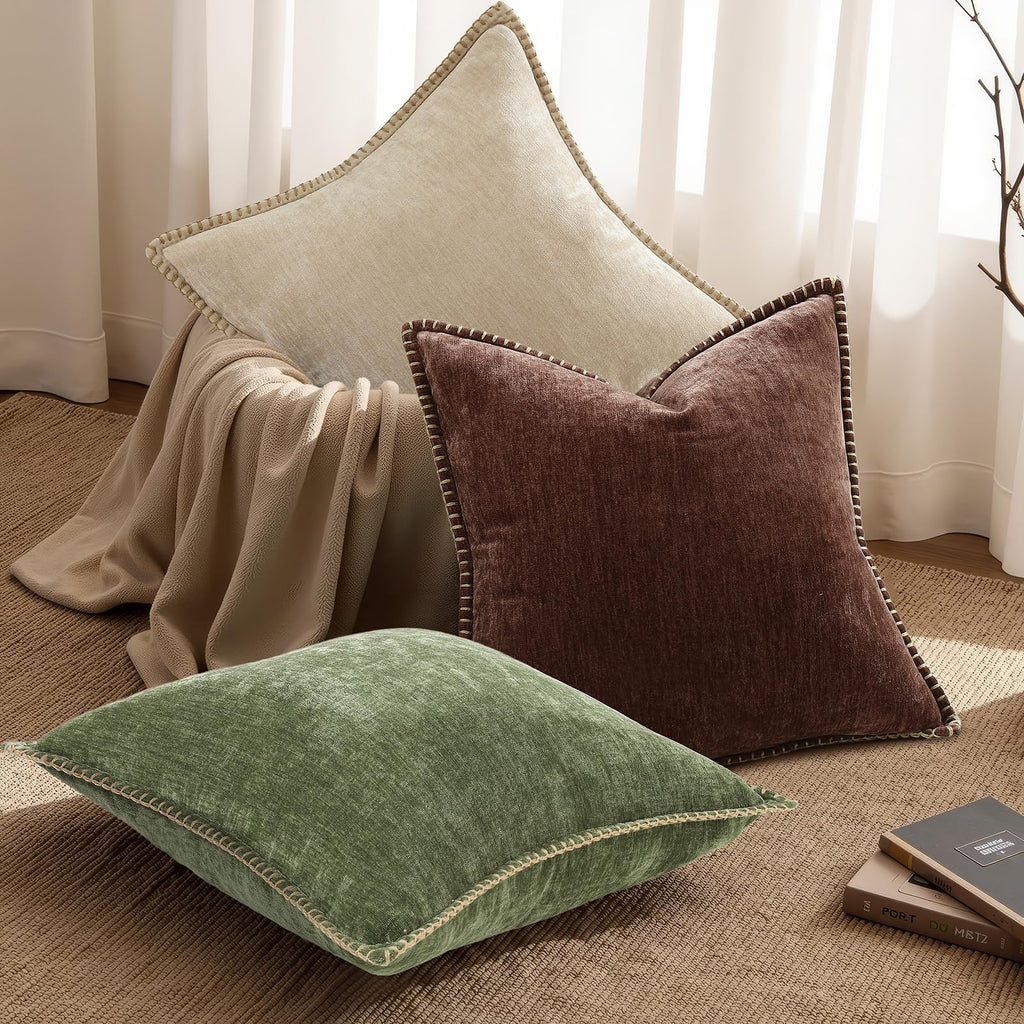 Soft Chenille Throw Pillow Covers 26x26 Set of 2 Olive Green