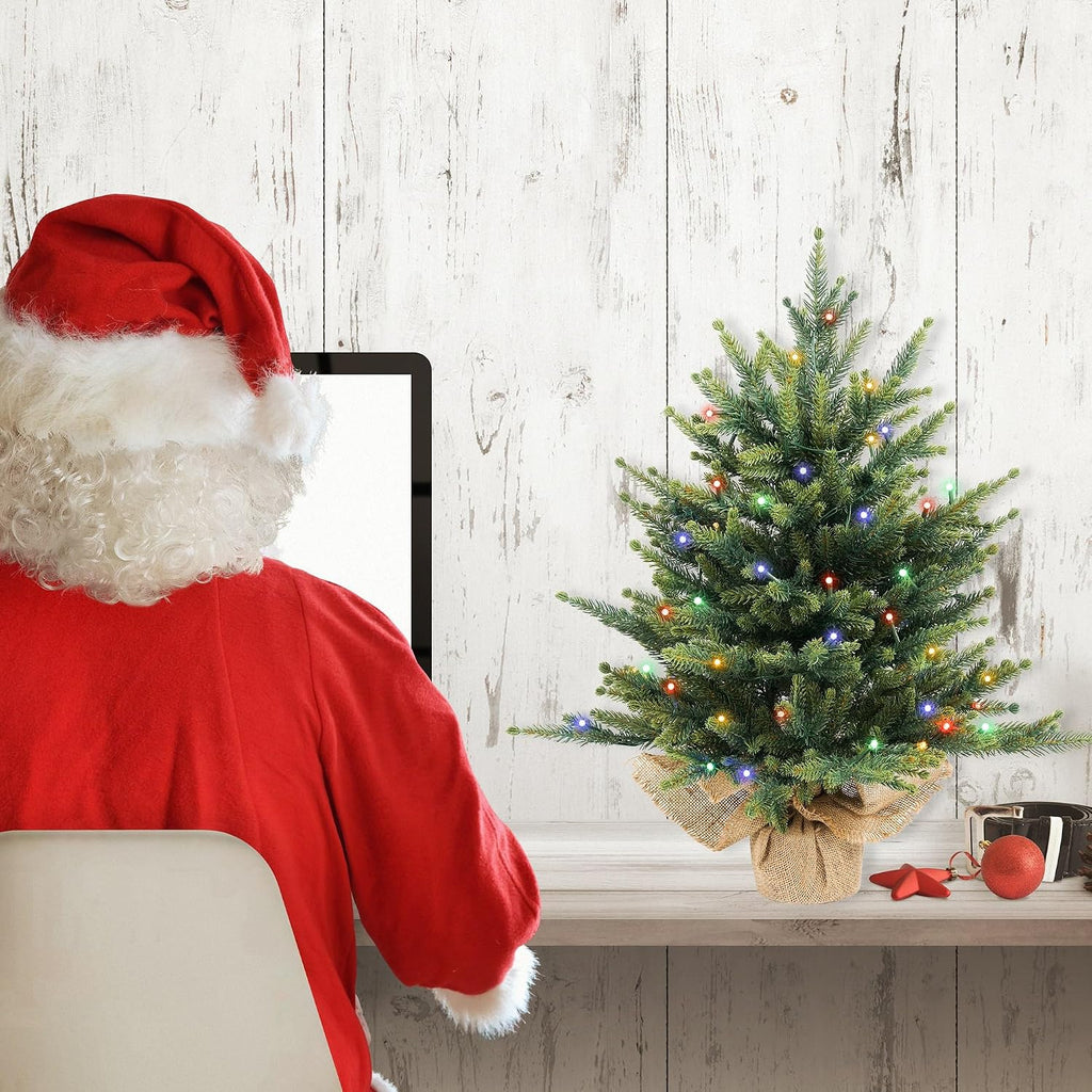 Prelighted Mini Christmas Tree 2 Ft with 70 LED Warm & Multi-Color Light, Artificial Small Xmas Tree 24 inch Tabletop