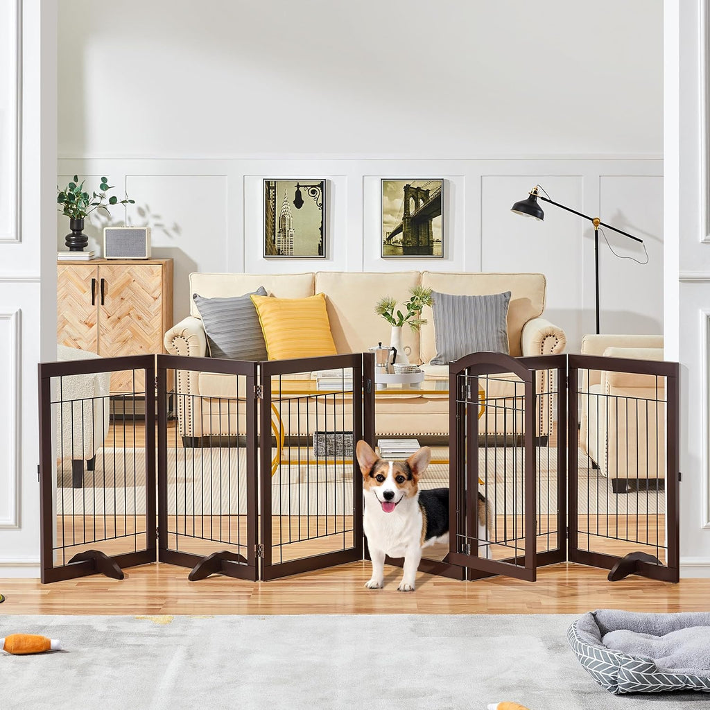 32"H 6-Panel Extra Wide Freestanding Dog Gate For Stairs Doorways