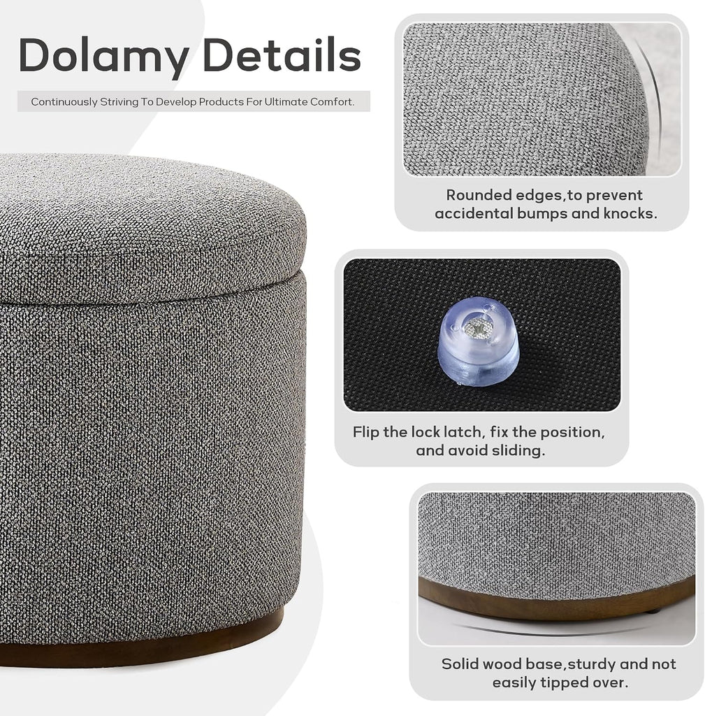Round Storage Ottoman, 20" Boucle Ottoman Foot Rest Stool(Light Grey) | Hidden Storage Accent Ottoman , Solid Wood