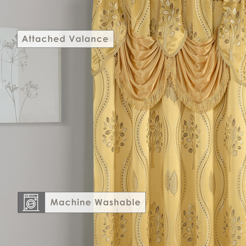 Aurora Jacquard Look Curtain Panel Set with Attached Valance 54" X 84 inch (Set of 2), Gold
