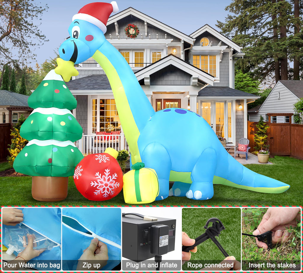 13.6 Ft Long Christmas Inflatable Decorations, Huge Xmas Inflatable Dragon Dinosaur with Trees Gift Hats Decors