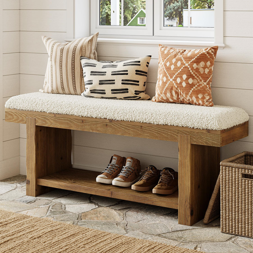 47.2-Inch Solid Wood Entryway Bench, 2-Tier Farmhouse Upholstered Bedroom Bench with Storage Shelf, Narrow Bench
