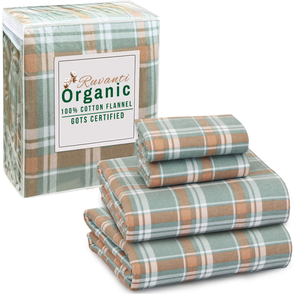 100% Organic Cotton Flannel Sheets Queen Size Bed Set, Spruce Blue
