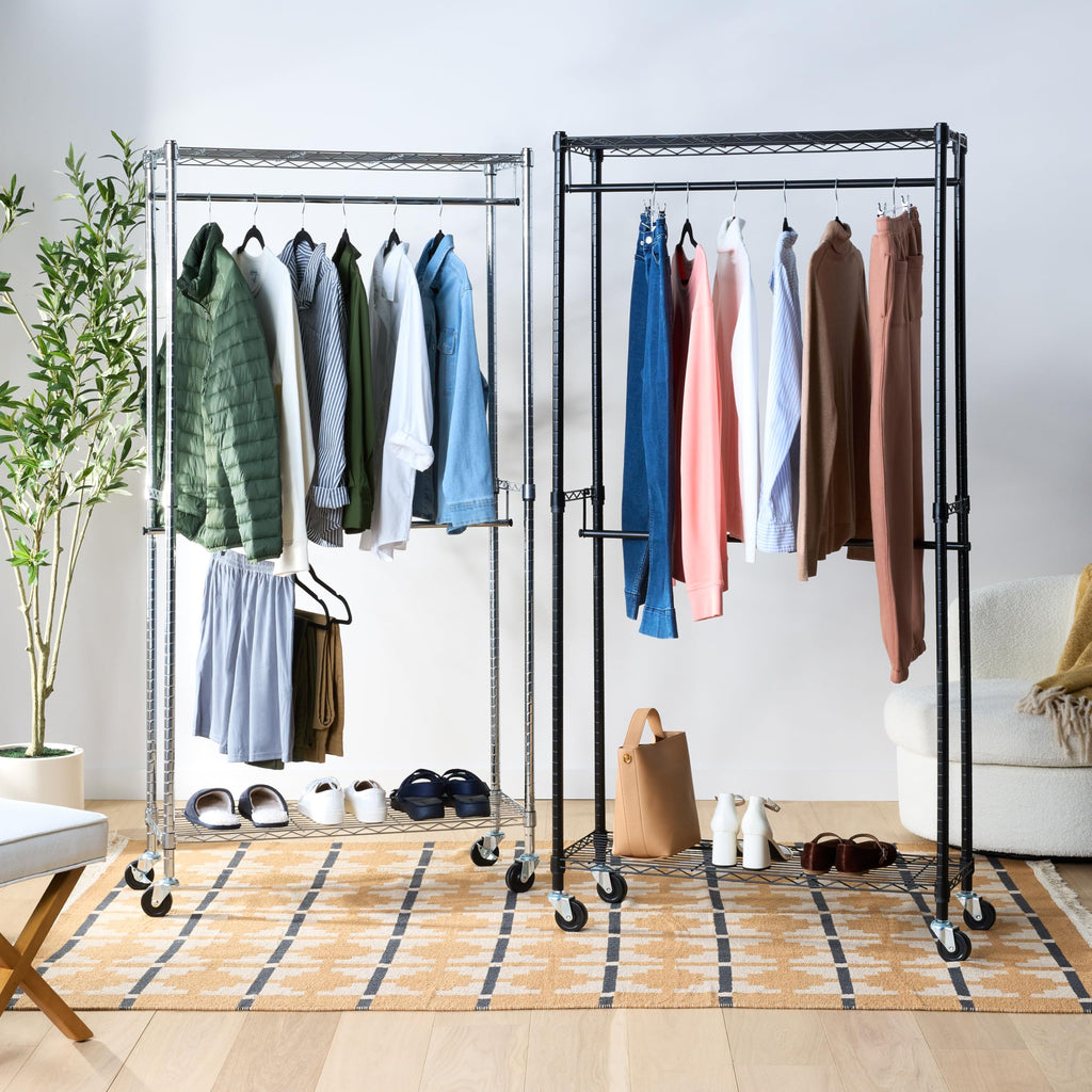 Adjustable Double Rod Rolling Garment Rack, Hanging Clothes Closet Organizer with Wheels, Heavy Duty, 36" x 14" x