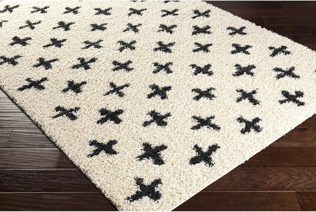 Area Rugs - Soft Mora Moroccan Boho Black Cream Shag Rug Bedroom - Large Geometric Plush Pile Stain Resistant
