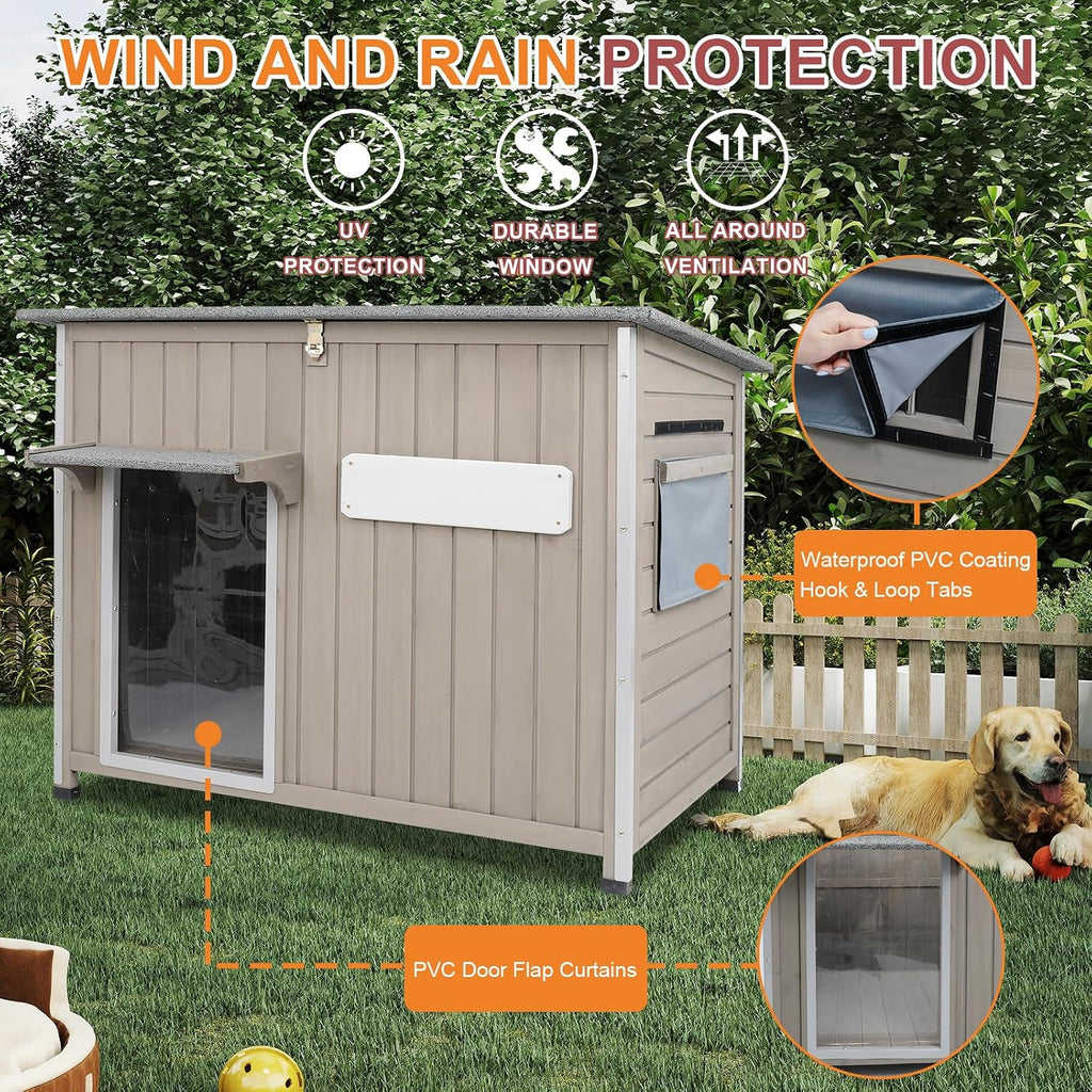Outdoor Dog House Weatherproof, Wooden Puppy Shelter with Anti-Chewing Iron Frame and Elevated Floor, Sturdy Dog
