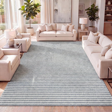 Aarhus High-Low Striped Blue Indoor/Outdoor Area Rug 8x10, Minimalist Geometric, Classic, Farmhouse, Cottage, Vintage