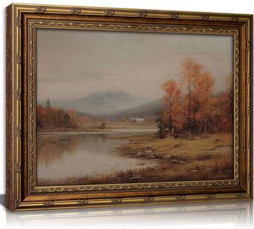 Vintage Gold Framed Fall Landscape Wall Art, Autumn Natural Lake Oil Painting Canvas Prints, Rural Forest Lake