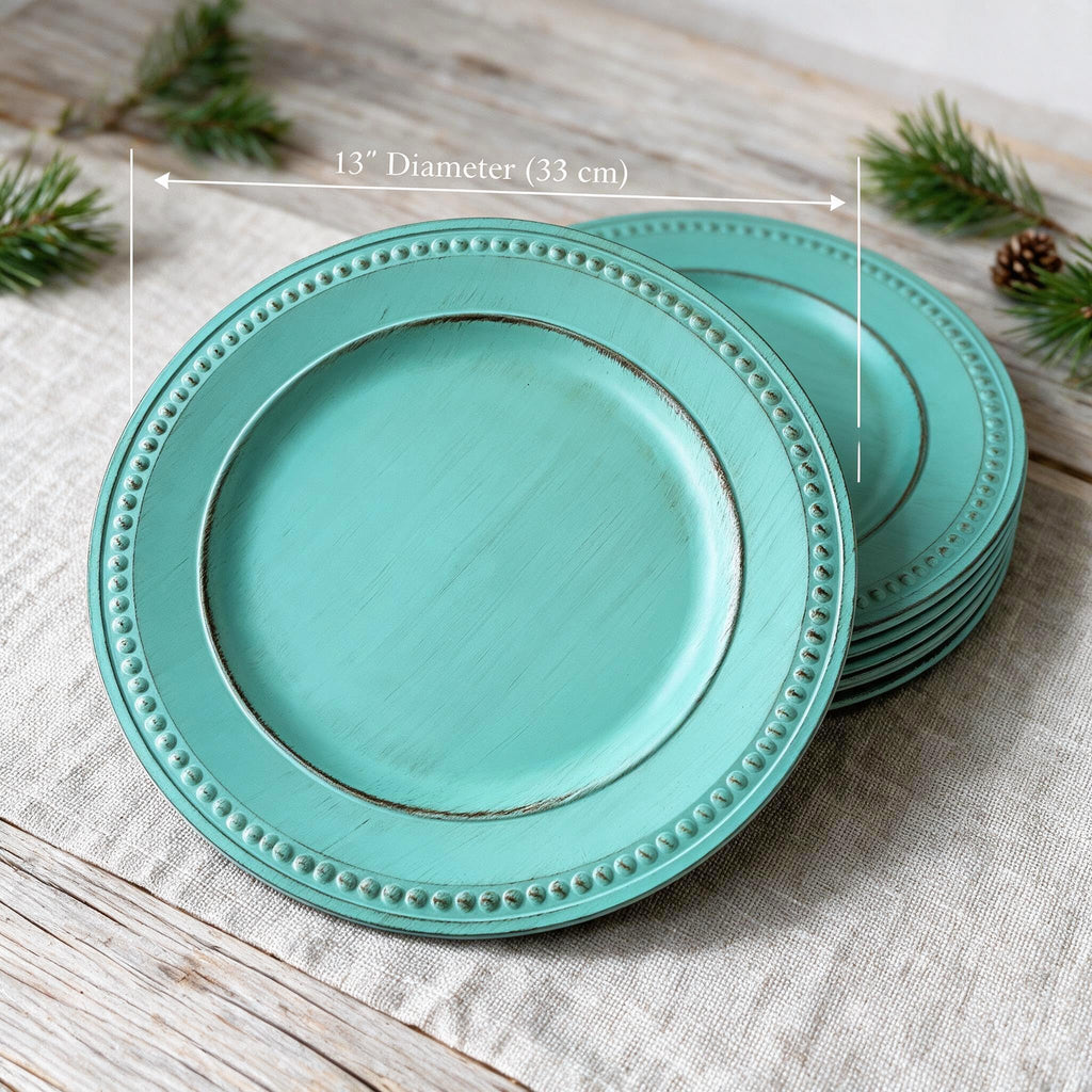 Antique Green Charger Plates, 13 Inch Vintage Dinner Plate Chargers Round Server Ware.Set of 6 Plastic Beaded Chargers