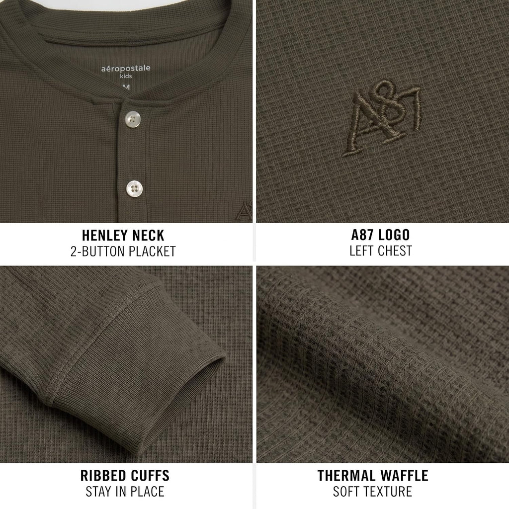 Boys Long Sleeve Thermal Henley, Fleece Waffle Knit