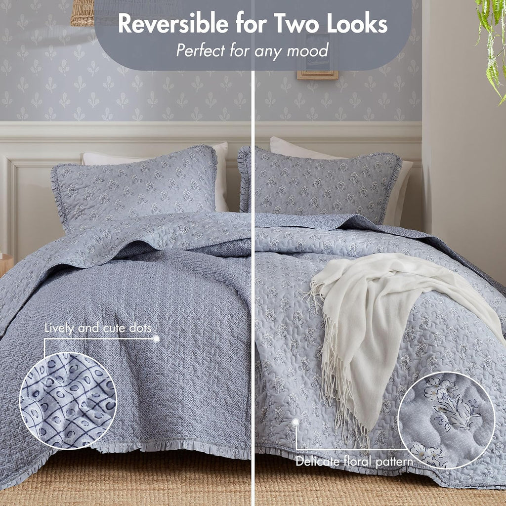 Vintage Floral Quilt Set Queen, Reversible Bedding & Lightweight Bedspread Set, Traditional Block Print Coverlets