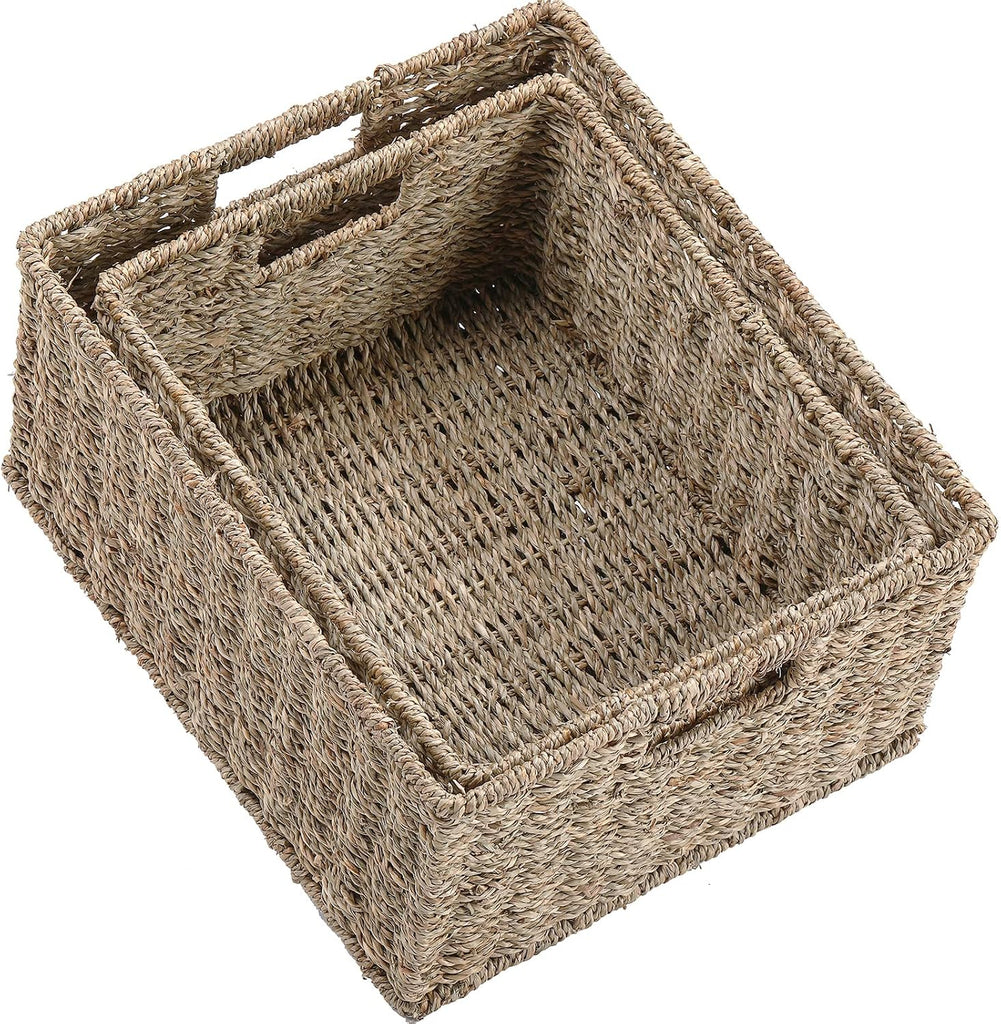 Large Wicker Baskets for Storage, Seagrass Baskets with Dual Handles, Woven Set of 2, Natural
