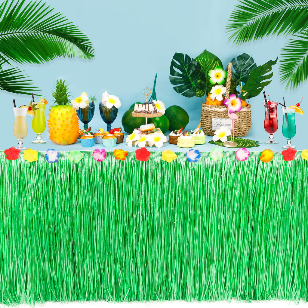 2PCS Gold 2PCS Green Luau Party Table Skirt for Hawaiian Beach Party Decor