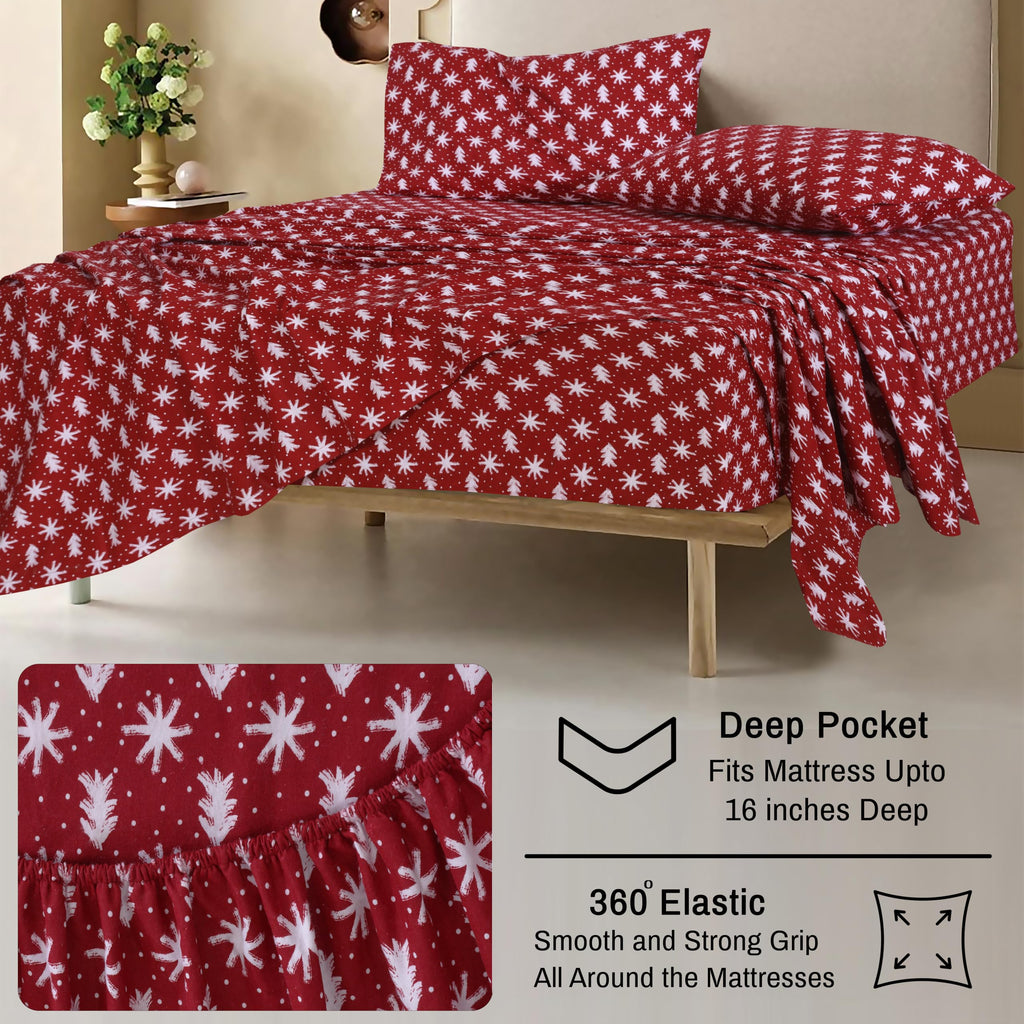 100% Cotton Flannel Sheets Queen Size, 4 PCs, Red Christmas