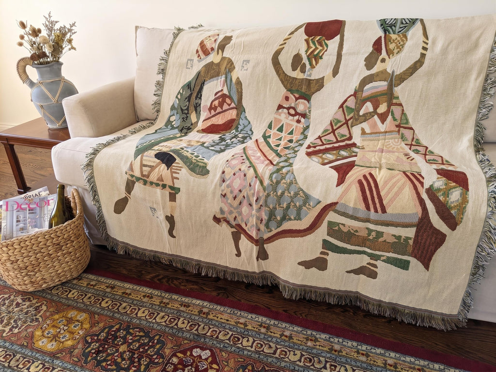 African Woven Tapestry Throw Blanket, Dancing Women, 50x60