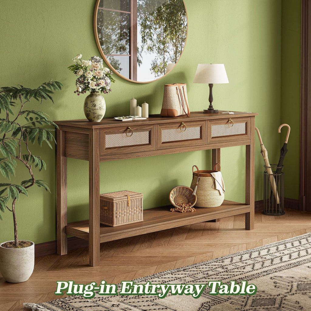 Rattan Console Sofa Table with Outlets, USB-C Port and 3 Drawers