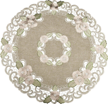 Embroidered Table Topper Gold Daisy Fleur Latte Small Tablecloth Doily (33 Inch Round)