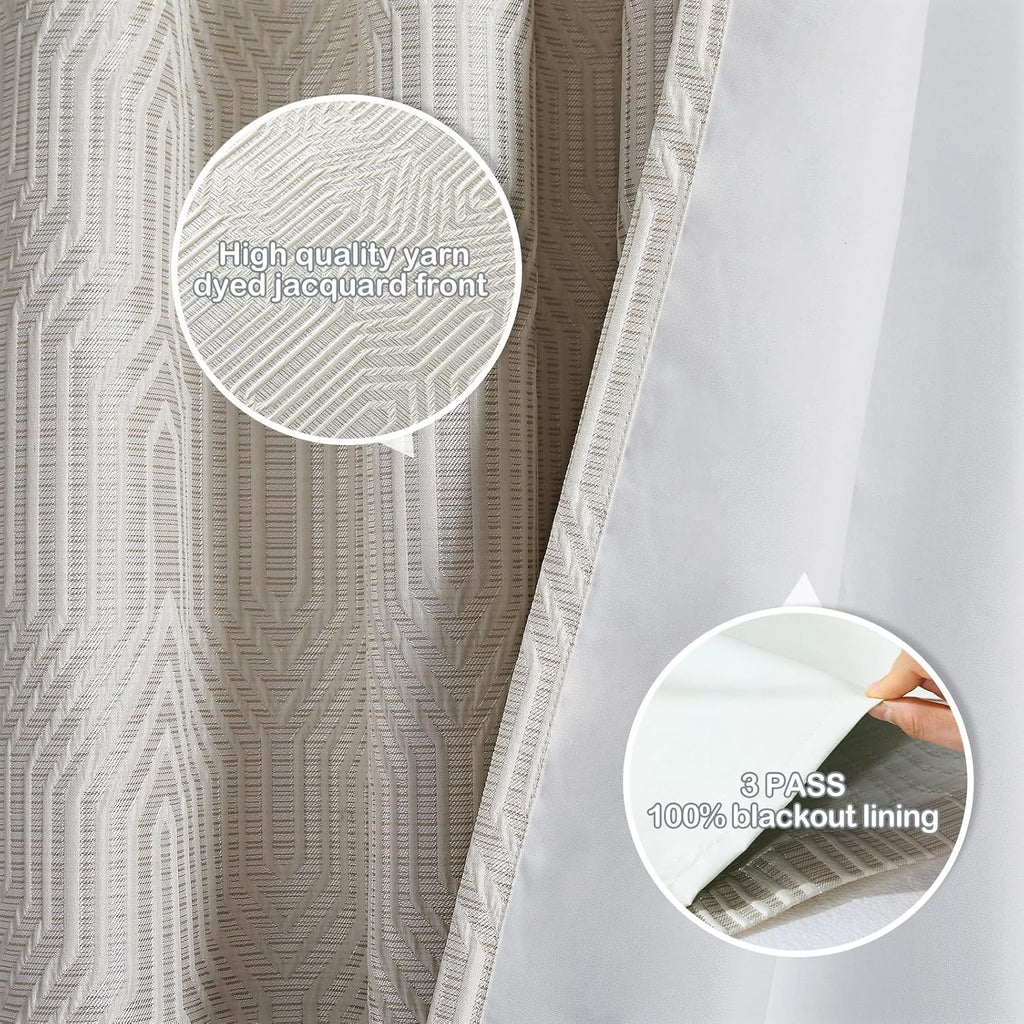 Beige and Silvery 100% Blackout Jacquard Geometric Pattern Curtains,52 Inch Wide 84 Inches Long 2 Panels, Thermal