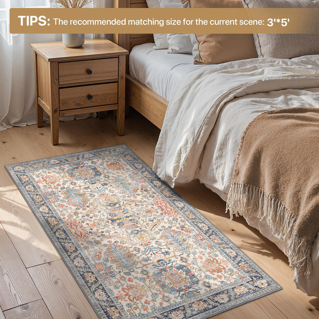 2x7 Hallway Runner Rug Non Slip, Washable Boho Tumble Cream Blue Rug