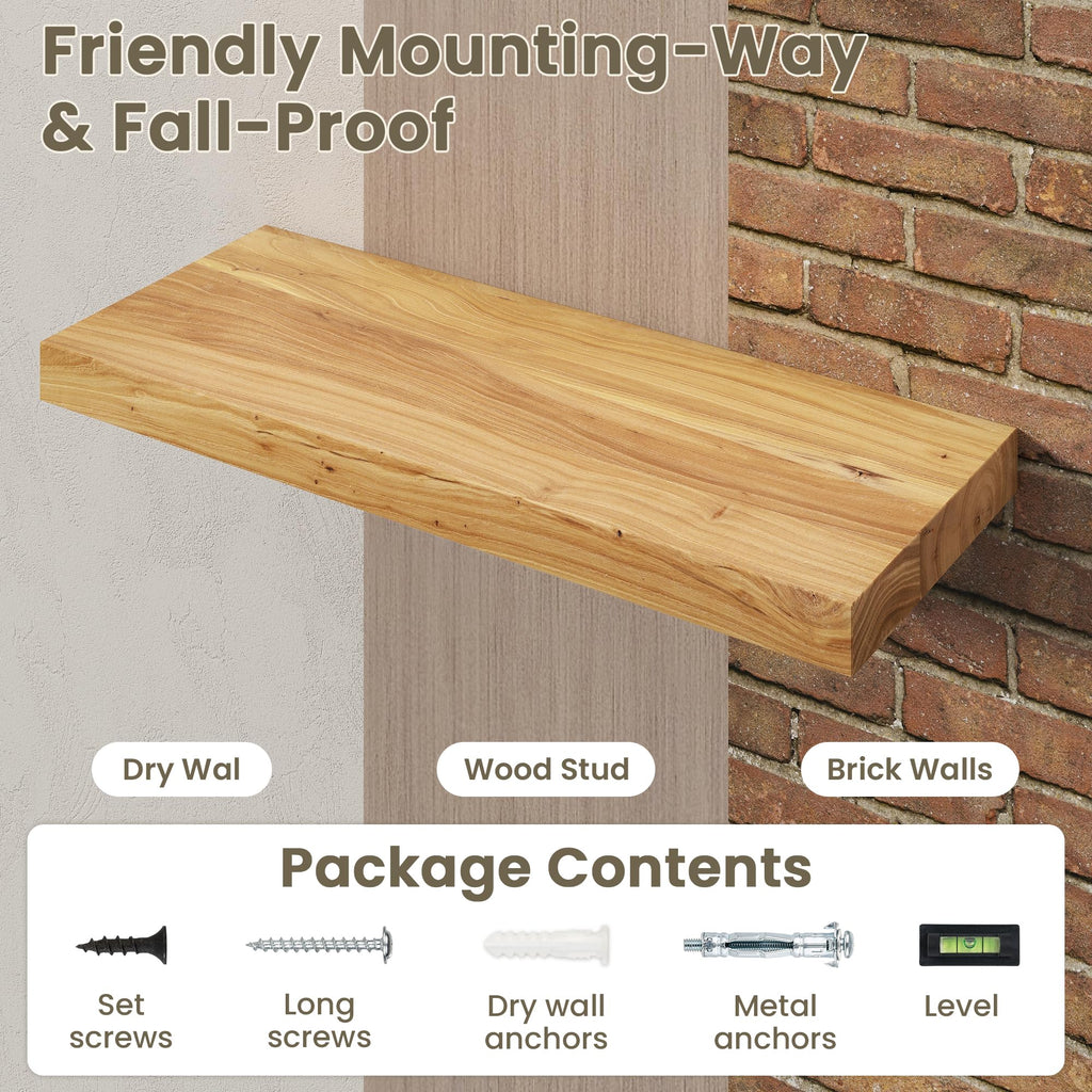 Floating Shelves for Wall, Solid Elm Wood Floating Shelf, 48 x 8 Inch Rustic Wall Shelf with Invisible Brackets
