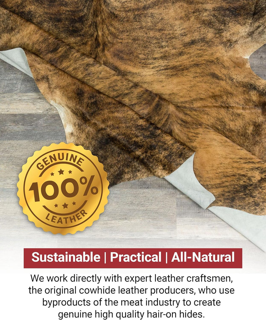 Exotic Brindle Cowhide Rug 6x7 ft, Real Hair on Hide Area Rug | Exotic black, brown and white brindle mix. Genuine