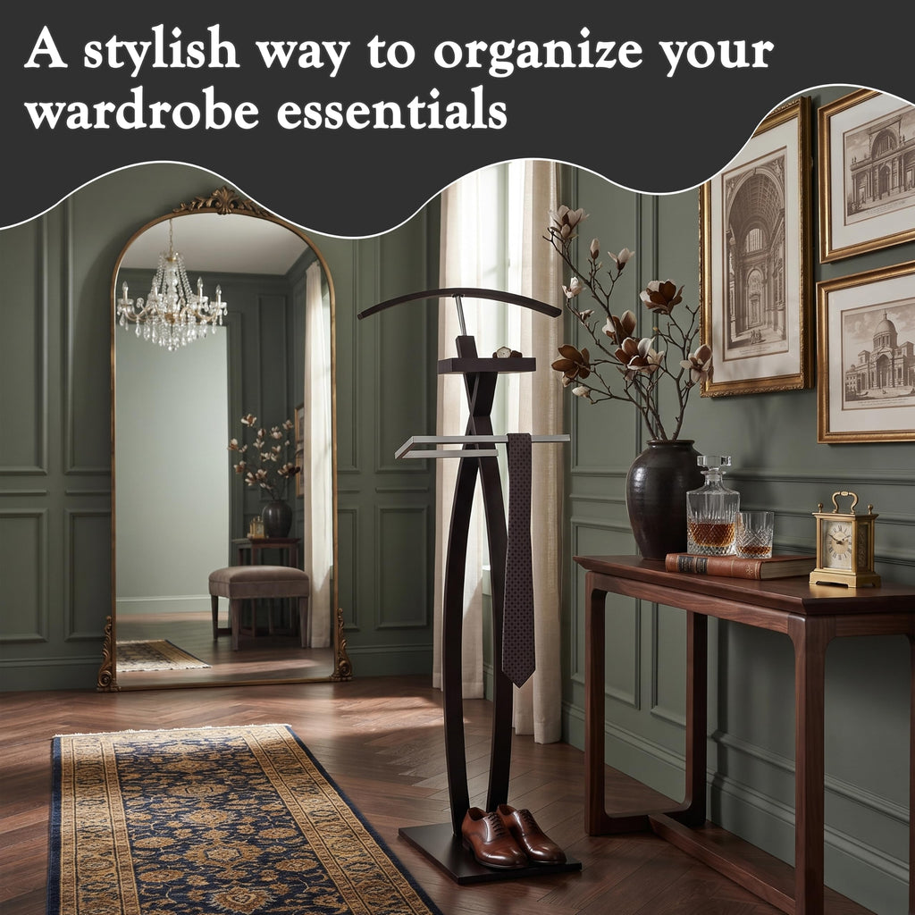 Curved Suit Rack Valet Stand, Clothes Rack, Clothing Organizer, Jacket Hanger, Chrome/Walnut