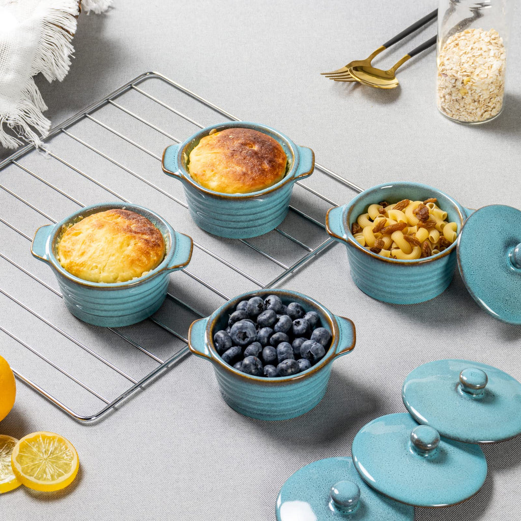 Creme Brulee Ramekins 8 oz with Lids, Oven Safe Bowls for French Onion Soup - Souffle Dish, Mini Covered Casserole
