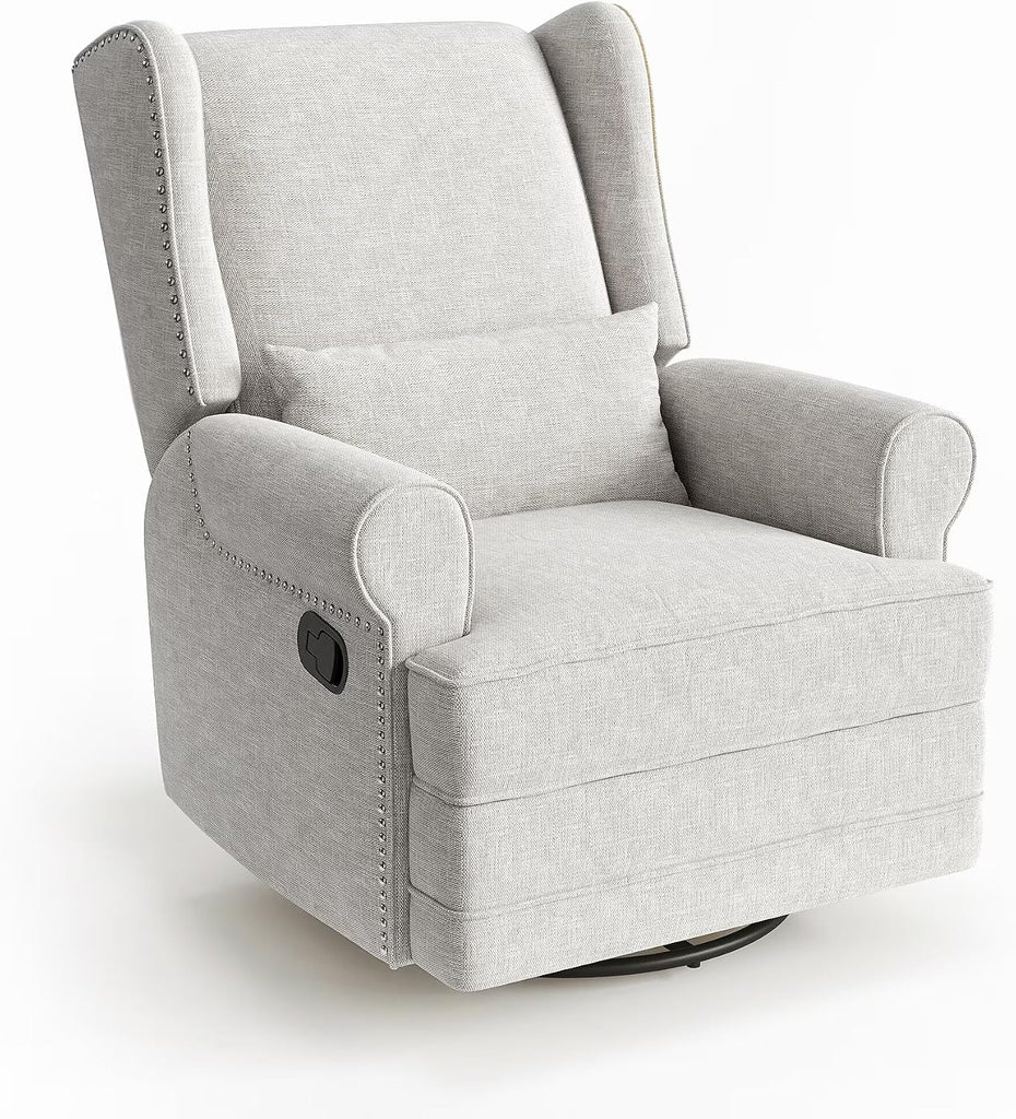 Manual Swivel Rocker Recliner w/ Lumbar Support, Linen Nursery Glider, Gray | 360° Swivel, Nailhead Trim