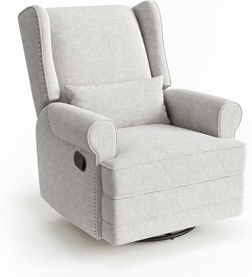 Manual Swivel Rocker Recliner w/ Lumbar Support, Linen Nursery Glider, Gray | 360° Swivel, Nailhead Trim