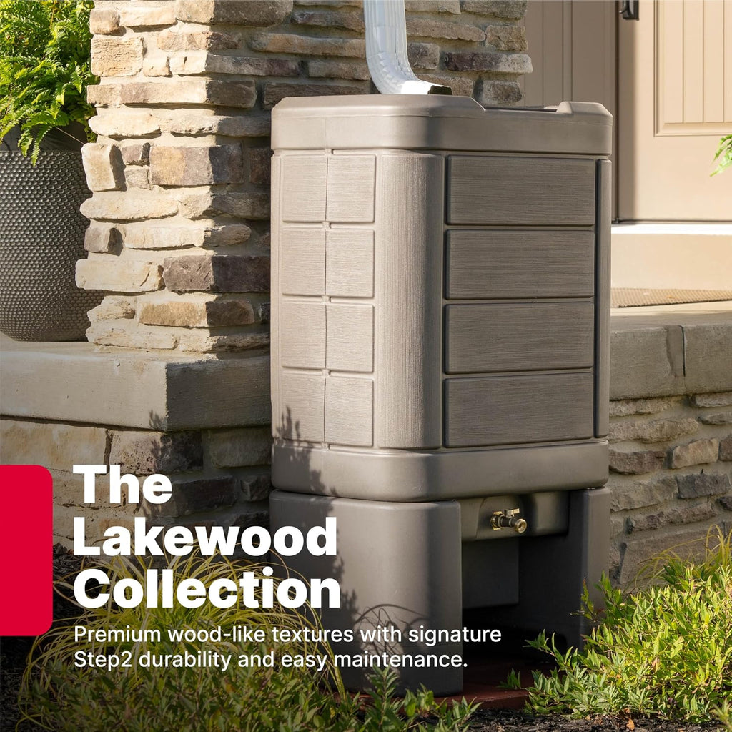 Lakewood Rain Barrel with Stand, Outdoor Water Conservation Container, Holds 60 Gallons, Brown