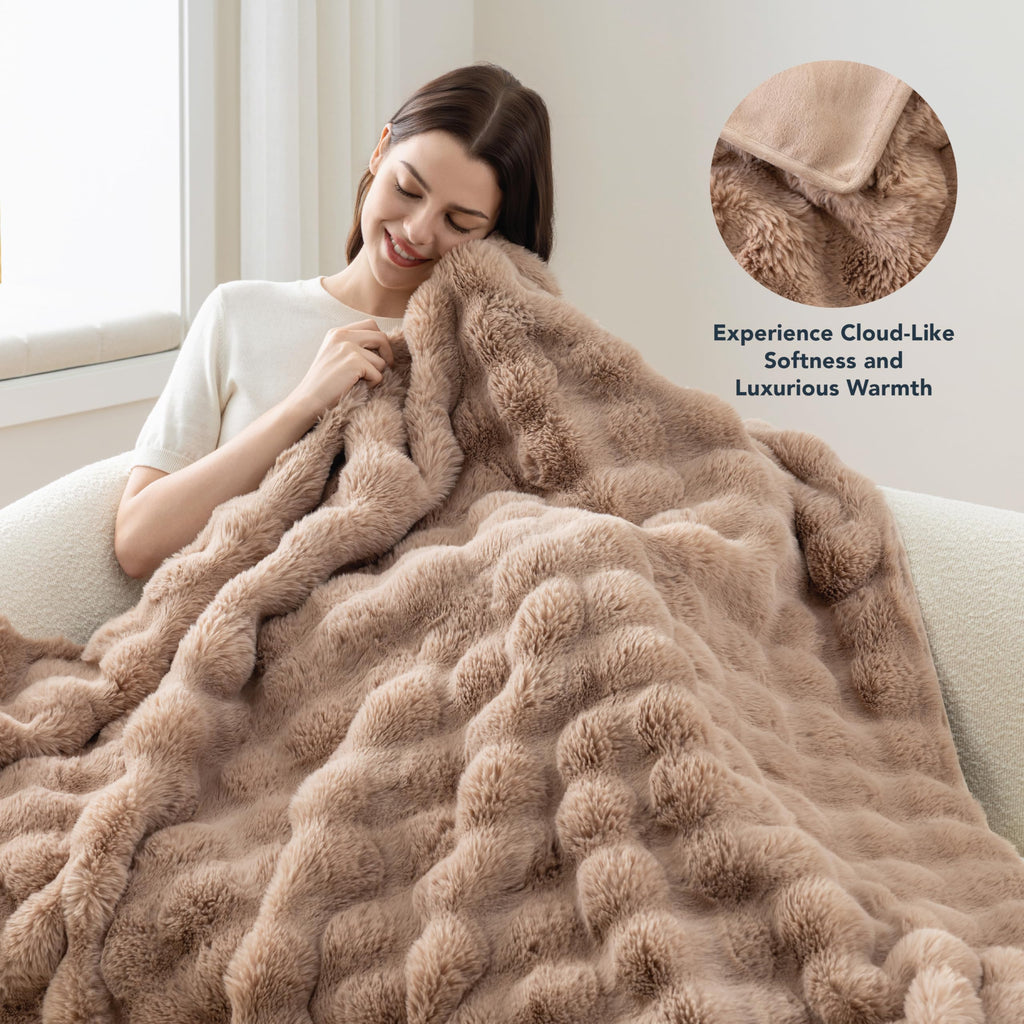 Faux Fur & Velisse Reversible Throw - Ultra Soft Plush Blanket for Couch and Bed, Luxury Fluffy Sofa Decor, 50" x
