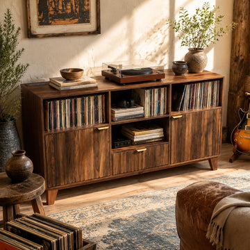 Large Record Player Stand with Vinyl Storage, Mid Century Modern Turntable Cabinet with Charging Station & Power