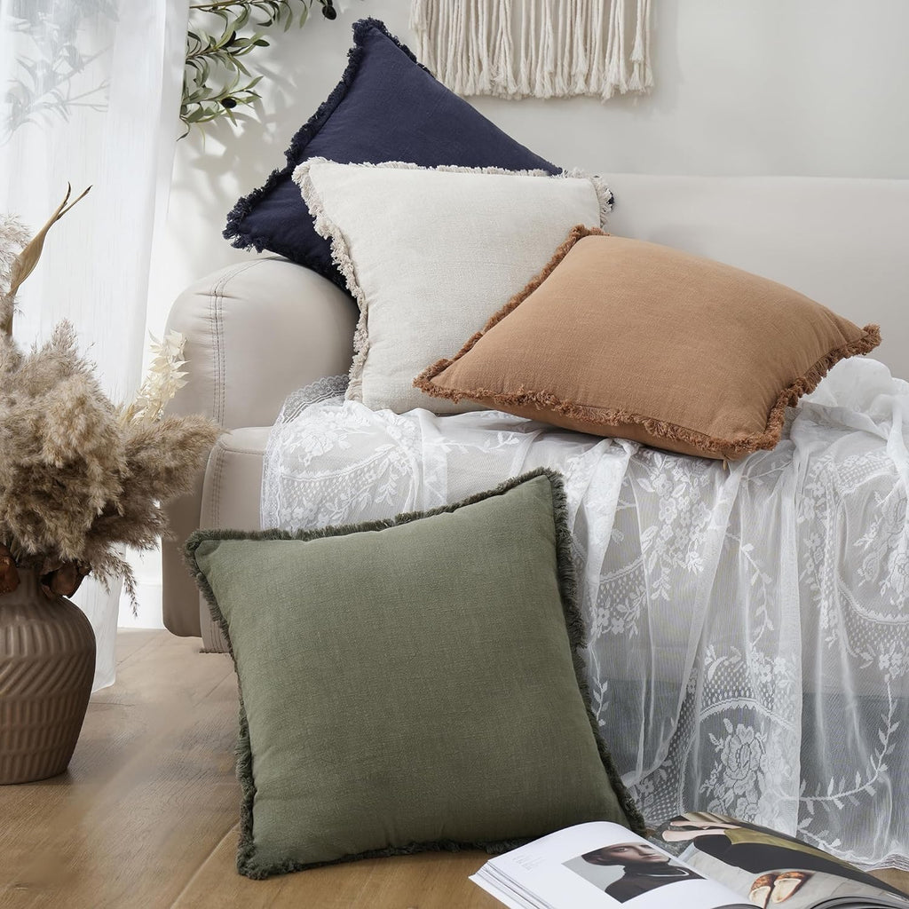 Set of 2 Decorative Linen Fringe Throw Pillow Covers Cozy Boho Farmhouse Cushion Cover with Tassels Soft Accent