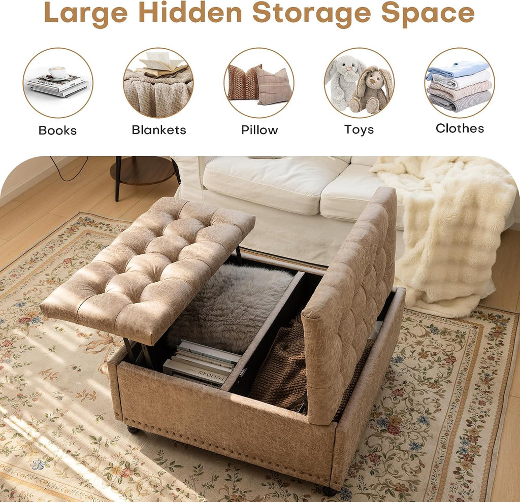 35 Inch Large Square Storage Ottoman, Coffee Table Ottoman, Faux | Lift Top Ottomans Bench Square Footrest Oversized