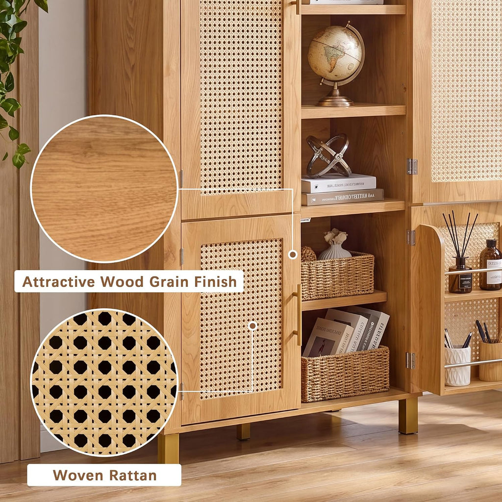 71" Tall Arched Rattan Storage Cabinet with 4 Doors & Adjustable Shelves, Farmhouse Freestanding Cupboard with