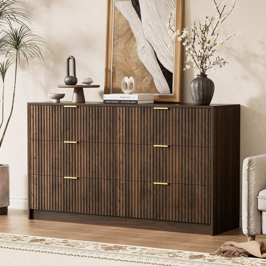 Walnut Dresser , Modern Dresser with 6 Drawers and Smooth Slides, Wide Chest of Drawers with Golden Handles , Closet