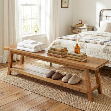 Solid Wood 63" End of Bed Bench with Storage Shelves, Rustic 62.99" L Foot of Bed Bench, Upholstered Seat & Open Shelf