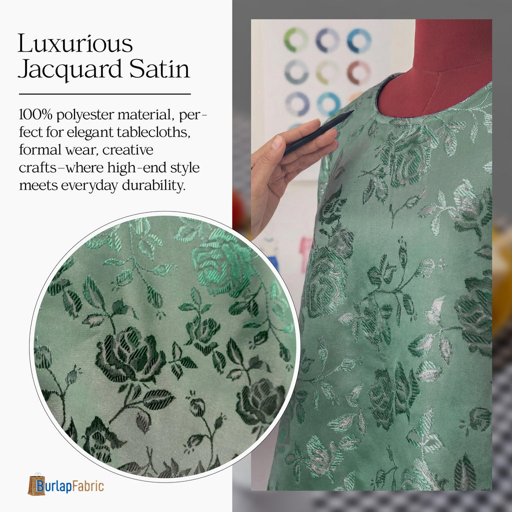 Sage Satin Brocade Jacquard Fabric by The Yard - Woven Floral Fabric, Luxurious Sheen, Lightweight and Crisp Drape