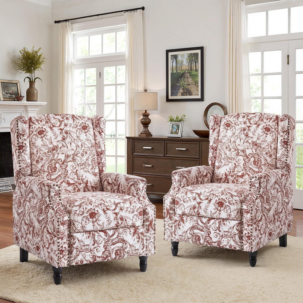 Wingback Floral Pushback Recliner Chair, Rococo Orange, Set of 1