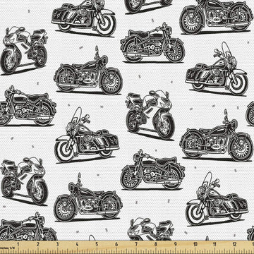 Motorcycle Fabric by The Yard, Indoor and Outdoor Projects Retro Motorcycle Drawings of Old Fashion Modern on White