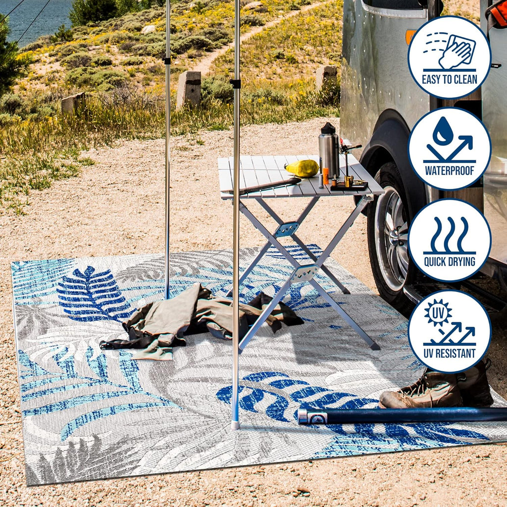 Tropical Leaves Square Rug Gray/Blue, Coastal Indoor Outdoor Rug