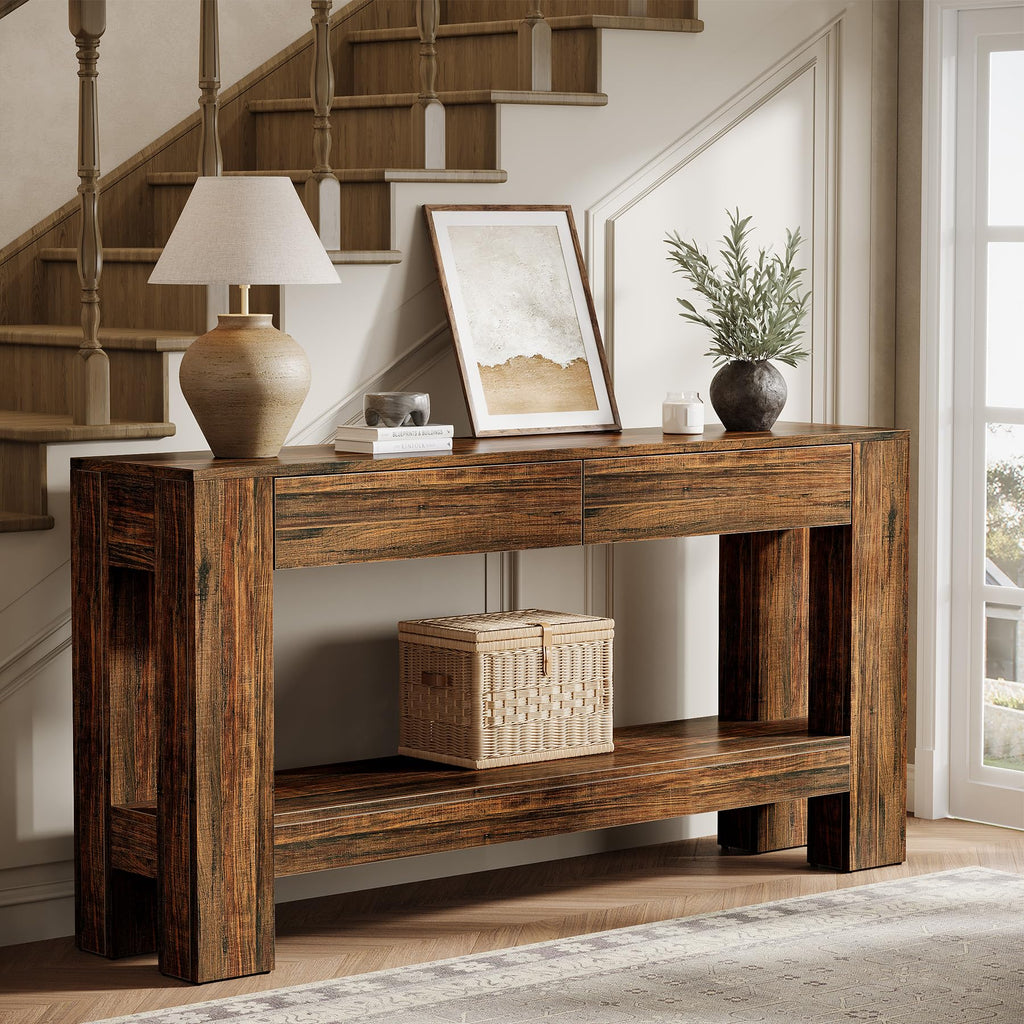 63 Inch Farmhouse Console Table with 2 Drawers and Open Shelf